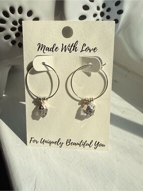 Hand Crafted Sterling Silver Hoop Earrings with Herkimer Diamond Crystal Charms